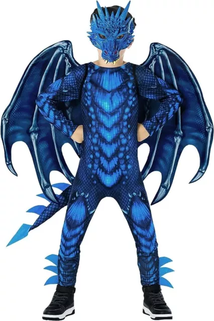 Deluxe Boys Blue Dragon Costume Wings Mask Kids Halloween Fancy Dress 4 - 14 yrs