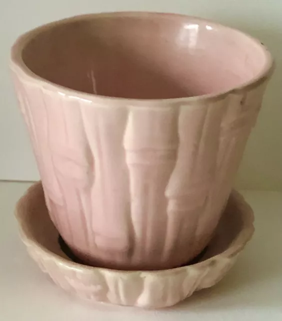 VINTAGE Brush McCOY POTTERY Medium Pink Bamboo Bark FLOWER POT ATTACHED SAUCER