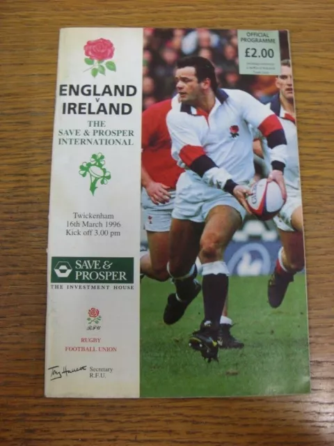 16/03/1996 Rugby Union Programme: England v Ireland [At Twickenham]. FREE POSTAG