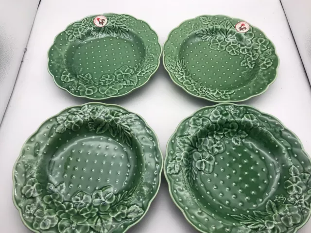 Bordallo Pinheiro 4 pc 9” Floral Polka Dot Green Majolica Plates/Bowls * Crazing