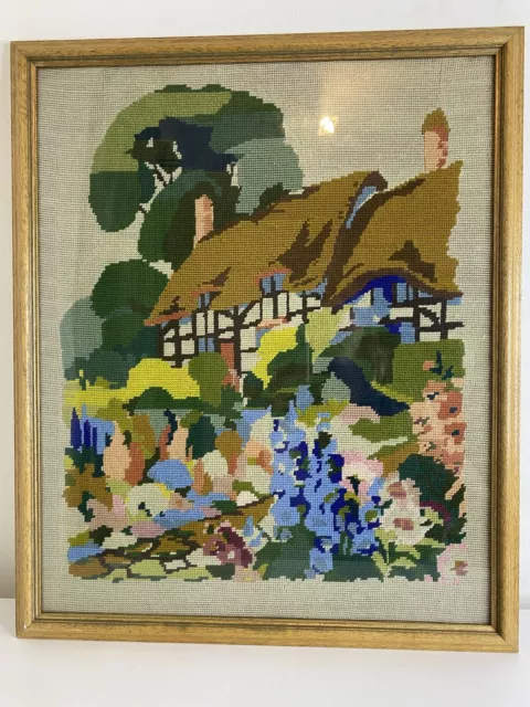 "Tapiz vintage con agujas flores de cabaña bordado cuadro enmarcado 26 x 22"""