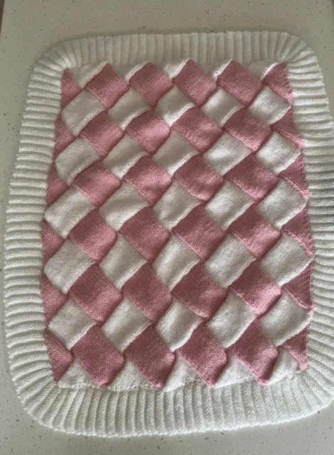 Gorgeous Hand Knitted White and pink Baby Blanket