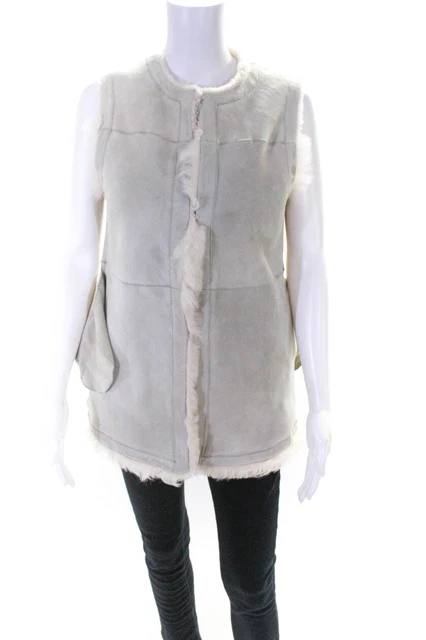 Theory Womens Reversible Suede Shearling Patchwork Vest Gray Beige Size M
