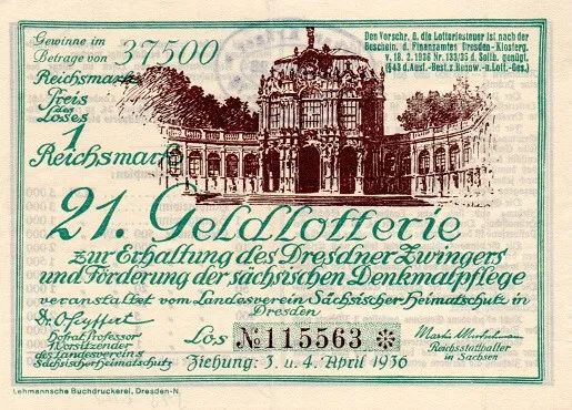 Lotterie-Los Dresden, 21. Geldlotterie Dresdner Zwinger, 1936, 1 Reichsmark