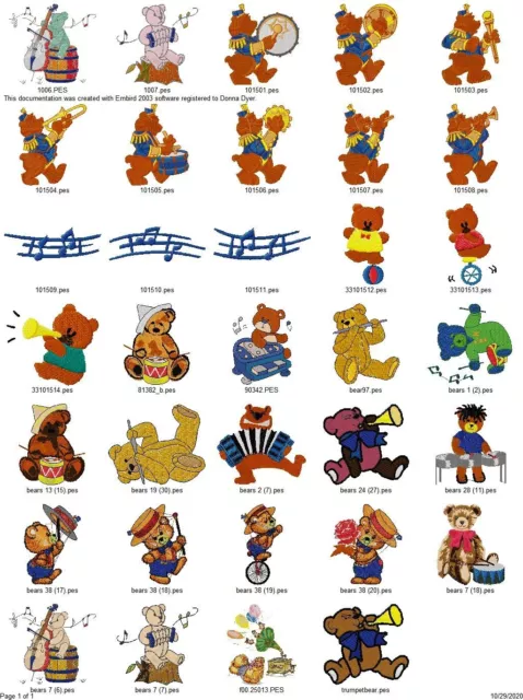 OSOS MUSICALES Diseños de Máquina de Bordar PES JEF HUS DST EXP VP3