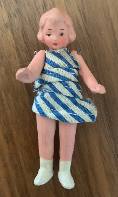 Antique German Painted Bisque Porcelain Dollhouse Doll Jointed Arms & Legs 3”