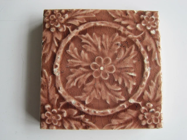 Antique Victorian 3" Sq.  Moulded & Pink Majolica Glazed Floral Tile
