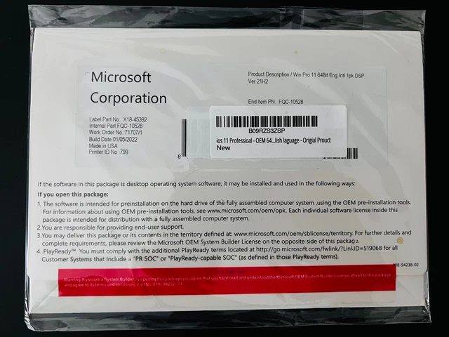 MICROSOFT WINDOWS 11 PRO 64 BIT ENGLISH 1PK DSP OEI DVD Version 21H2 ...
