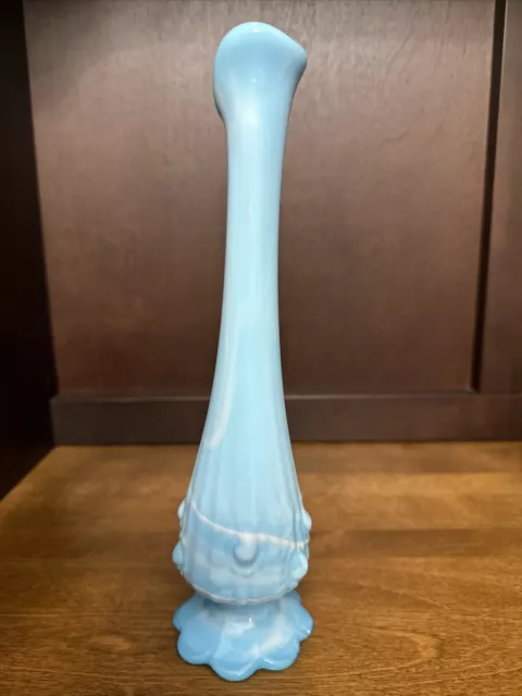 Fenton Blue Marble Milk Glass Cabbage Rose Bud Vase ~ 9.5” Tall Fluted / Swung 3