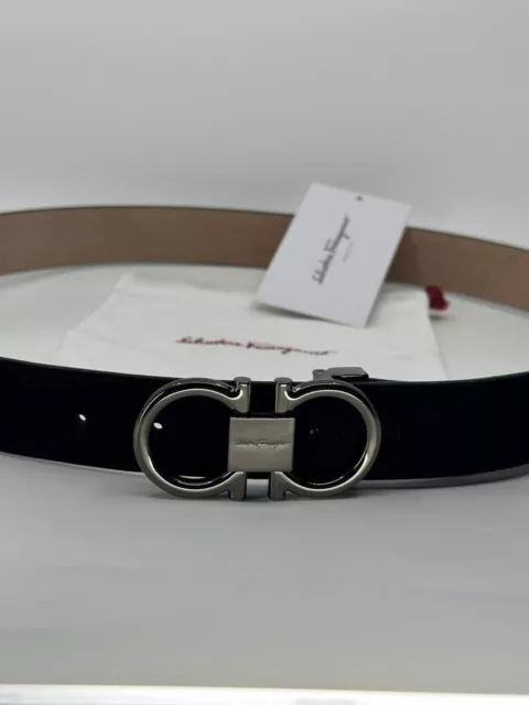 Authentic Salvatore Ferragamo Black and Gunmental Gancini Men's Belt 2