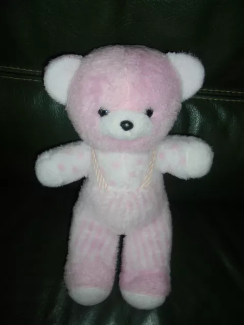 Doudou Peluche Ours Rose Et Blanc Pois et Ligne Nounours 36 cm