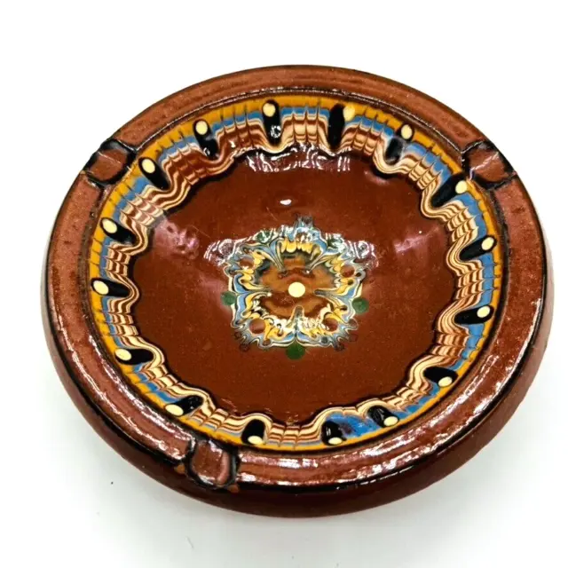 Vintage Troyan Ceramics Bulgarian Folk Art Pottery Ash Tray Bowl 5 1/2 in. Boho
