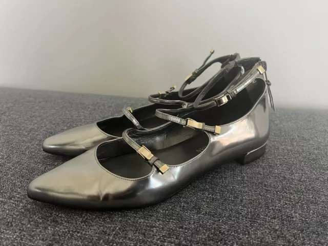 Stewart Weitzman Flippy Silver Metallic Mary Jane Flats Gold Buckles Shoes W 9.5