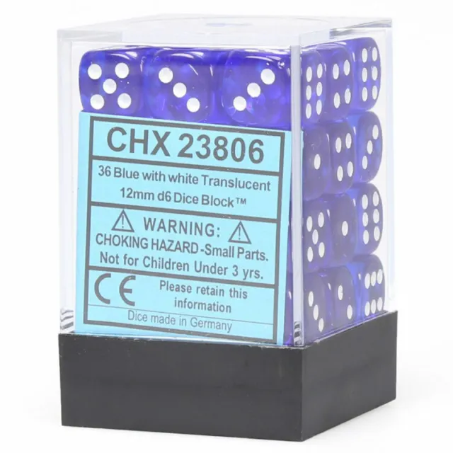 CHX23806 Chessex Manufacturing Translucent: 12mm D6 Blue/White (36)