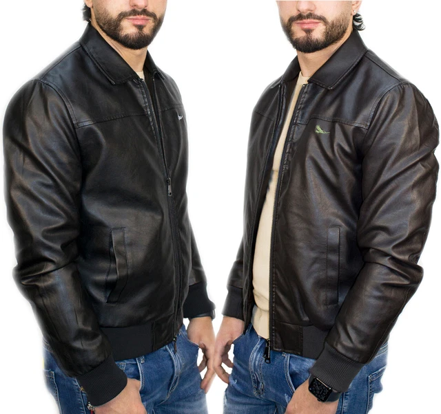 Giubbotto Uomo Invernale Giubbino Imbottito  Giacca Eco Pelle Slim Fit Nero Moro