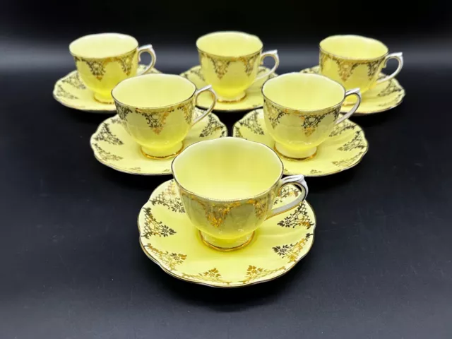 Royal Albert Gold Lace Yellow Tea Cup Saucer Sets(Set of 6) Bone China England