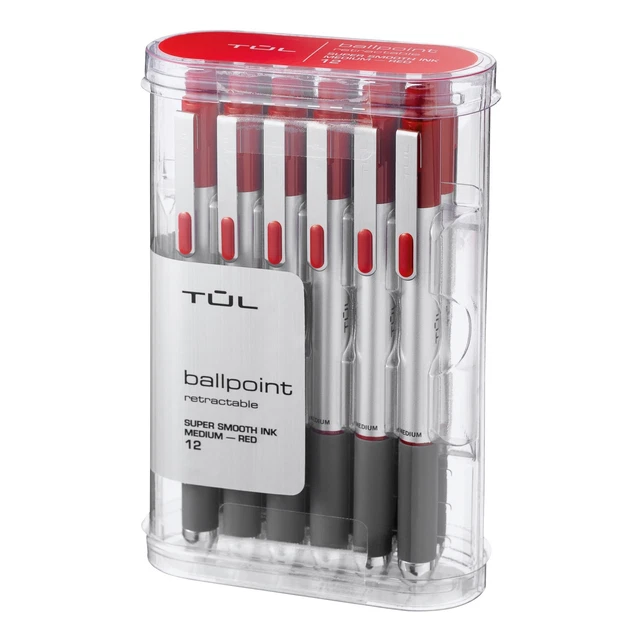 TUL BP3 Retractable Ballpoint Pens, Medium Point, Red Ink/Silver Barrel, 12-Pack