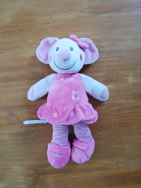 Doudou Peluche Nicotoy Simba Souris Blanc Robe Rose Noeud Fleur Rayé