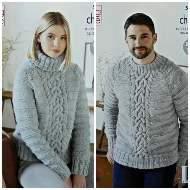 KNITTING PATTERN Mens and Ladies Polo/Round Neck Cable Jumpers Chunky 5499