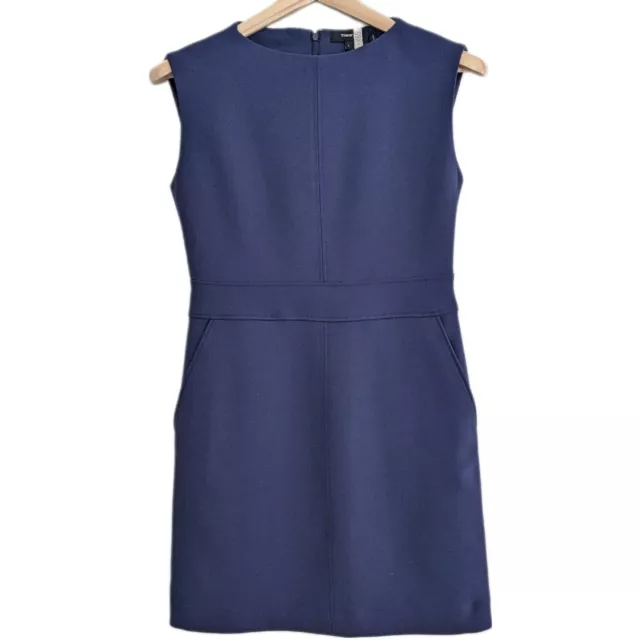 Theory Mini Sheath Dress Front Slit Wool Sleeveless Stretch Size 4 Navy Blue