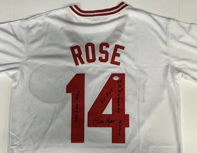 Pete Rose Signed Reds Jersey "Hit King, Nl Roy, 75-76Ws Champ, 4256" Psa Al14348