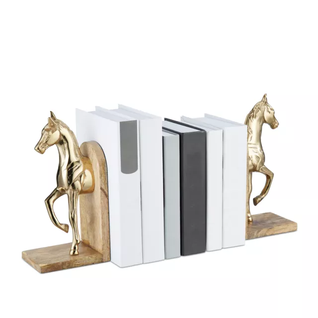 SET 2 FERMALIBRI alluminio reggilibri supporto libri cd forma cavalli oro  EUR 49,99 - PicClick IT