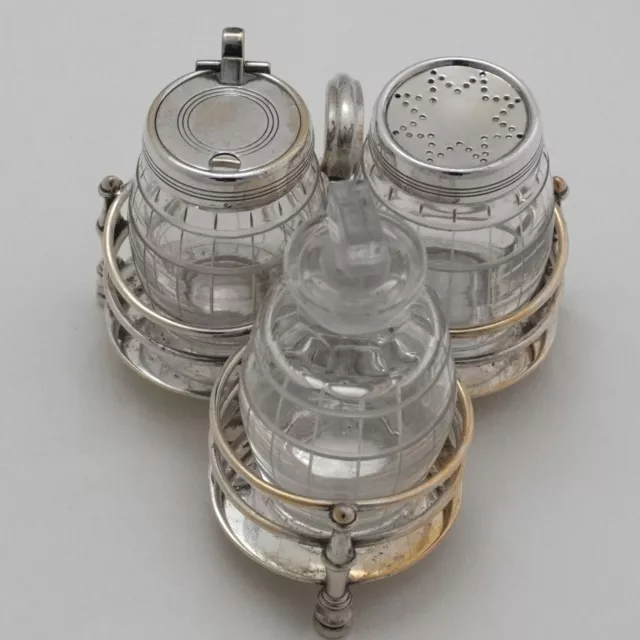 Elkington & Co Victorian cut glass and silver Service 3 piece condiment set