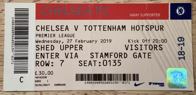 Match Ticket - Chelsea v Tottenham Hotspur Spurs Premier League 27.02.2019