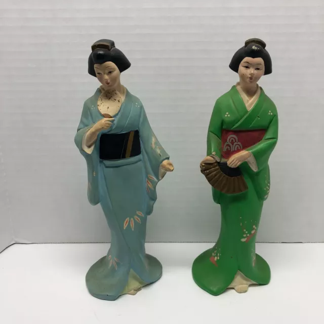 2 Vintage Geisha Japanese Women Figurines Chalkware - Made in Japan 9"