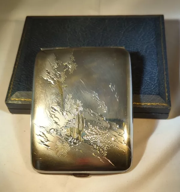 Antique Sterling Silver  Cigarette Case 116.2 Grams Japan And Original Case