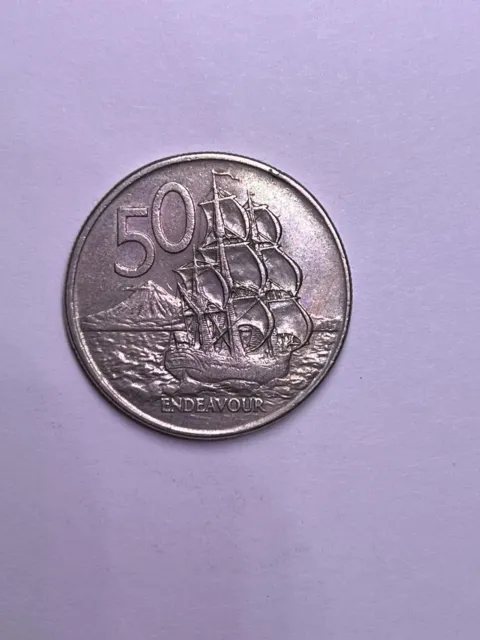 1984 New Zealand 50 Cent H.M.S. Endeavor Old Antique Foreign World Coin