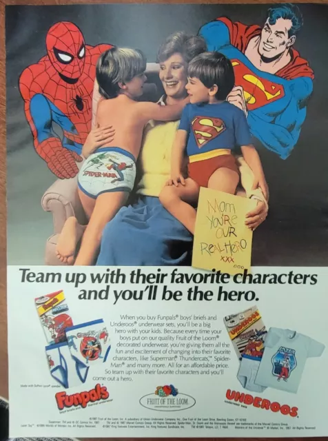1987 PRINT AD Underoos Funpals Fruit of the Loom Boys Superman Spiderman  Art Mom $15.98 - PicClick