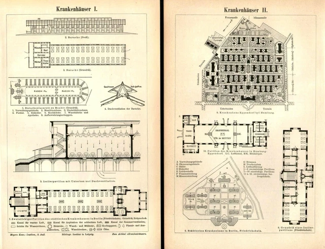 Krankenhäuser I+II Grundrisse Holzstich   1895 Krankenhaus Hamburg  Berlin