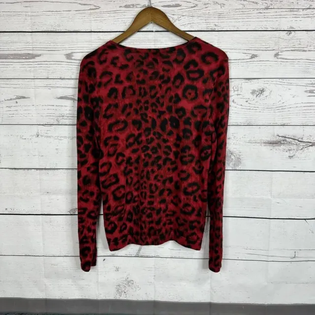 Talbots Cardigan Sweater Womens Size Large Red Pure Merino Wool Animal Print