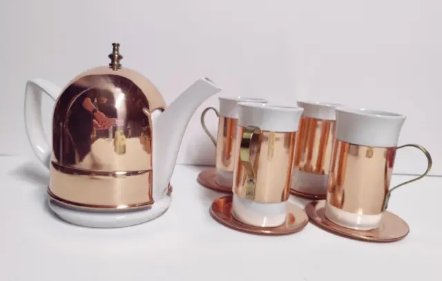 Baker Heart & Stuart Vintage Ceramic Tea Pot with Copper & 4 Mugs With Saucers