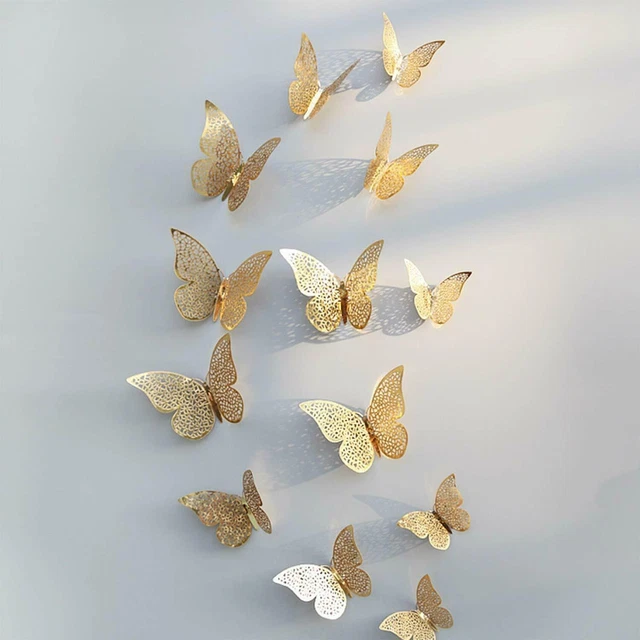 12pcs 3D Metall Heim Dekor Schmetterling Mit Kleben Pad Schimmer Golden Set 12