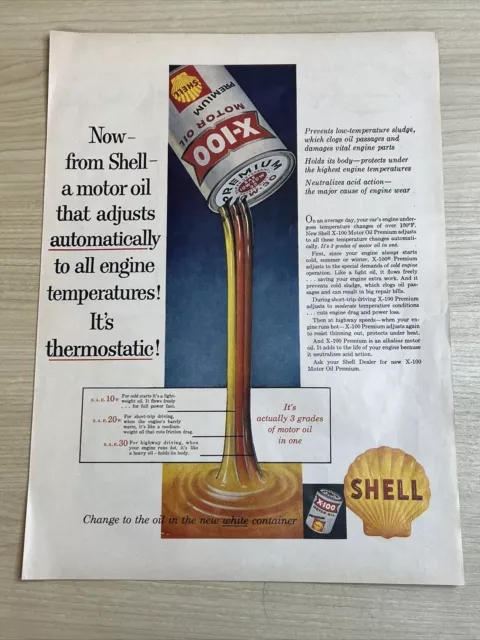 Shell X-100 Motor Oil Premium 1957 Vintage Print Ad Life Magazine