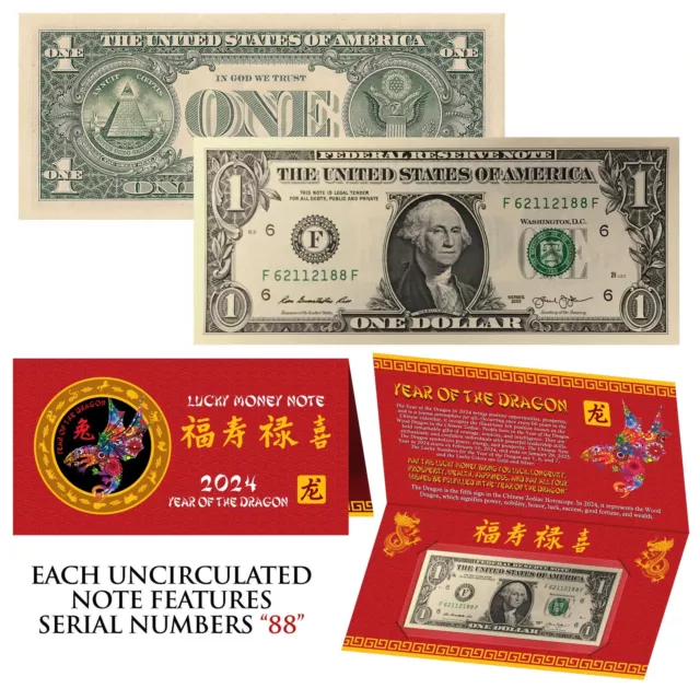 2024 Lunar Chinese New YEAR of the DRAGON Lucky US $1 Bill w/ Red Folder - SN 88