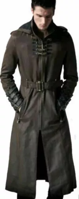 HOMME Gothique Long Trench-Coat Steampunk à Capuche Style Militaire Manteau Cuir