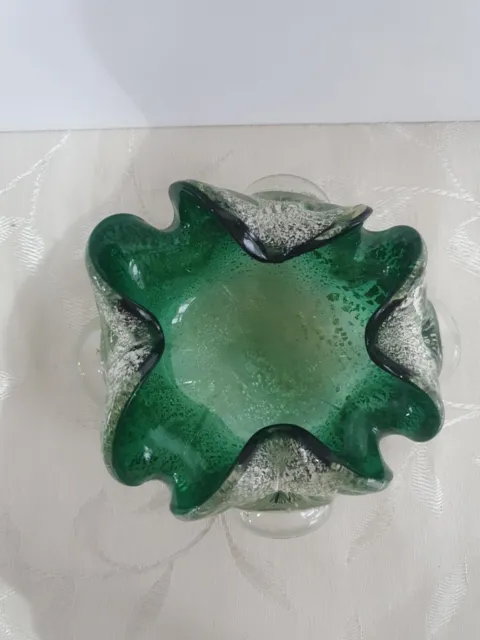 Vintage Murano Green & Clear Art Glass Bowl with Silver  Flecked Aventuring