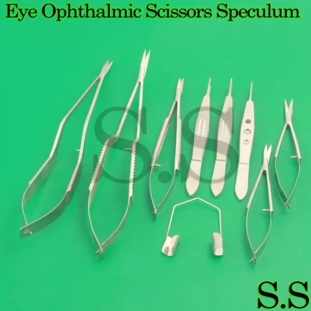New Eye Ophthalmic Scissors Retractors Forceps Speculum Surgical Set of 10 Pcs