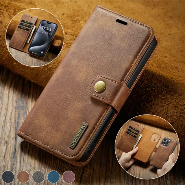 For iPhone 15 14 13 12 11 Pro XS 8 7 SE 2 in1 Magnetic Leather Wallet Case Cover 3