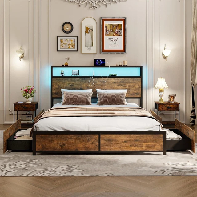 RETRO BED FRAME Metal Bed Platform with LED Lights Headboard 4 Storage
