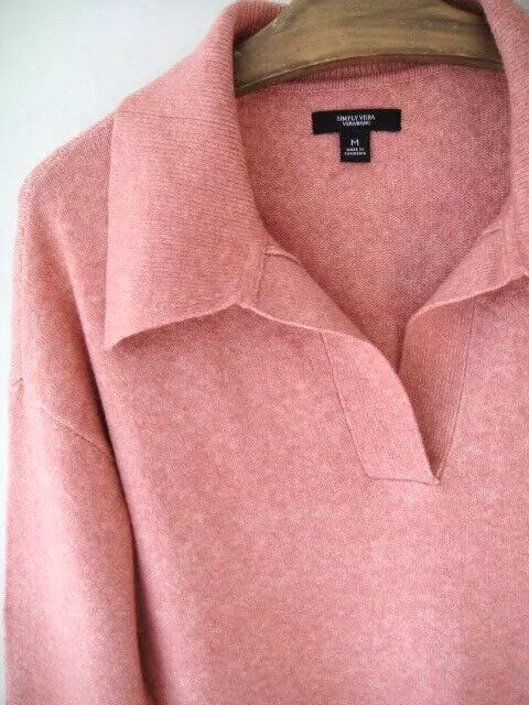 Simply Vera Wang Size M Heather Pink Cropped Collar V Neck Long Sleeve Sweater