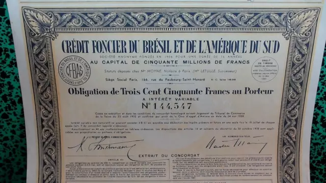 LOT de 05 OBLIGATIONS  350 Frs du CREDIT FONCIER du BRESIL et AMERIQUE du SUD