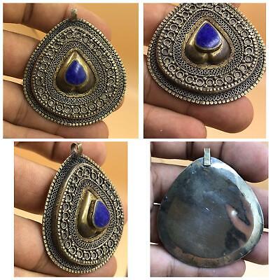 Antique handmade old brass pendant. With natural Afghani lapis lazuli stone