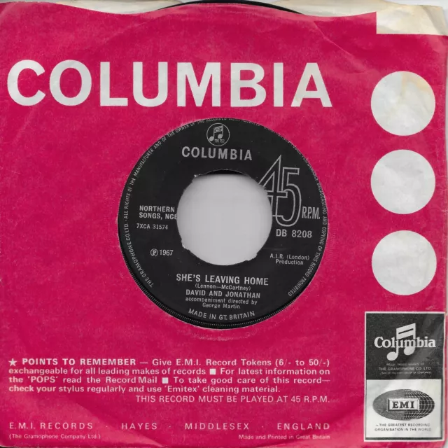 David & Jonathan She's Leaving Home Lennon McCartney / Beatles song UK 45 7" sgl