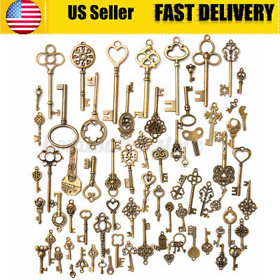 70Pcs Antique Vintage Old Look Bronze Skeleton Keys Fancy Heart Bow Pendant