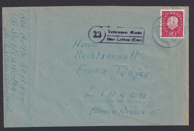 Bund Brief EF 20 Pfg. Heuss Landpoststempel Sustrum Moor über Lathen Ems nach