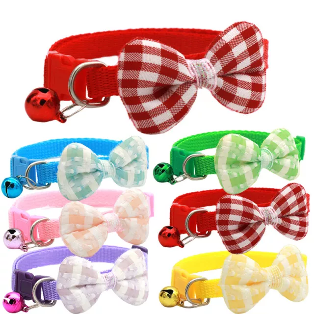 Cute Bow Tie Dots Cat Collar Adjustable Kitten Puppy Dog Pet Bell Snap Buckle //